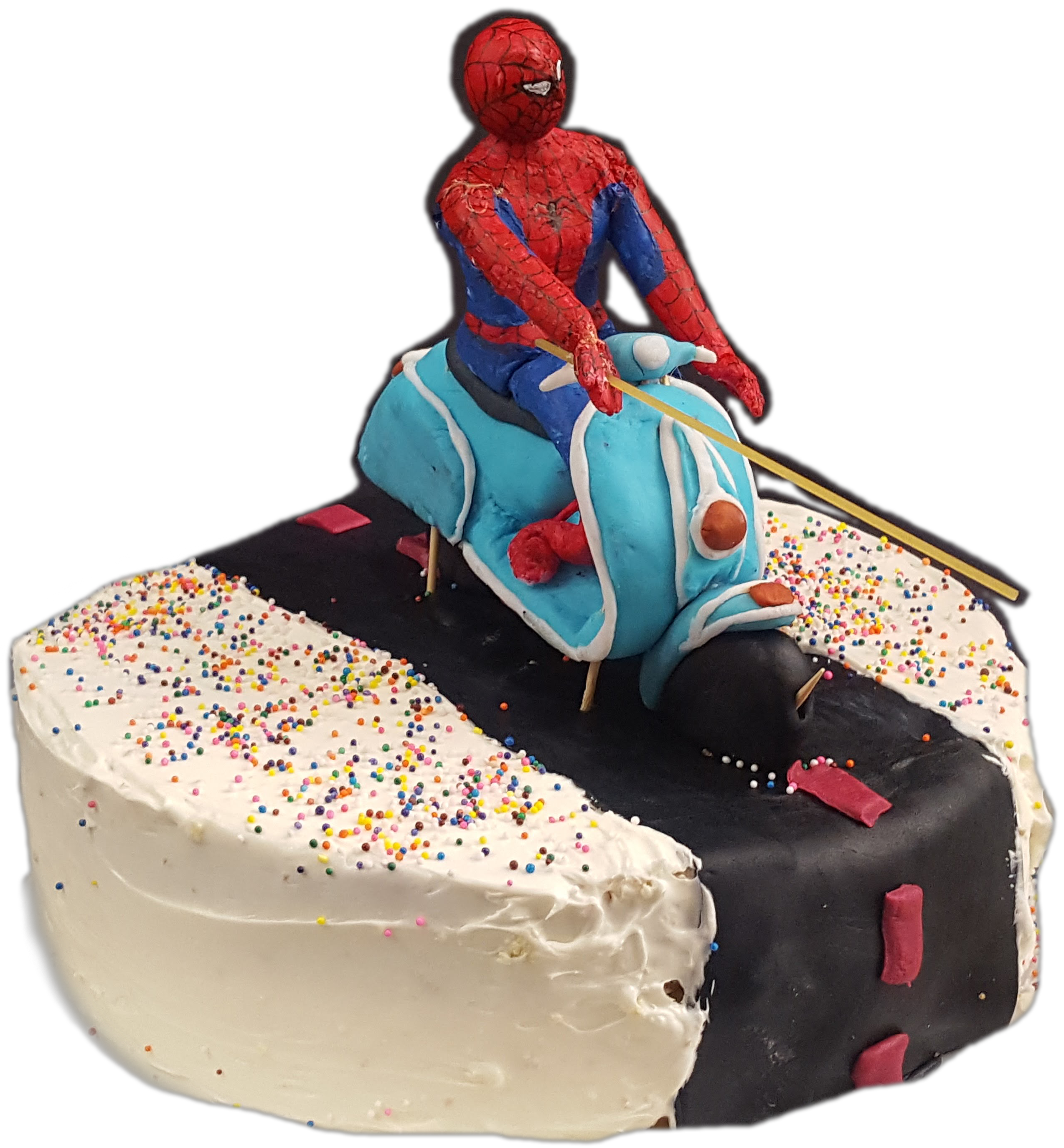 In my senior year highschool art class,  I wanted a new challenge, something with quirk
      for my quirky vision of Spiderman riding a Vespa and slinging spaghetti. So I tried it with cake fondant, which isn't easily 
      paintable or structurally sound. Spidey's limbs sacrifice rigid joints for a more fluid bend and the fondant spaghetti was
       replaced with a piece of actual dried spaghetti. Placed on a cake and submitted on my teachers actual birthday, easily the most fun project that year